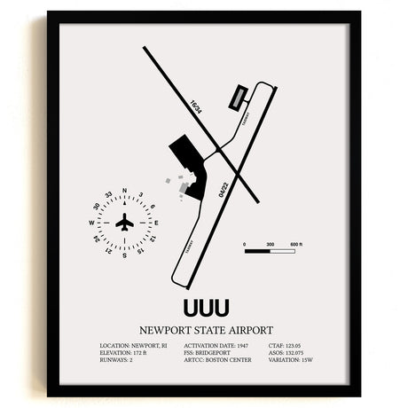 Framed Detailed Airport Map of Newport State Airport (UUU) in White with a Black Frame