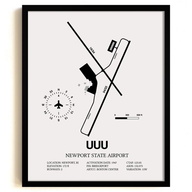 Framed Detailed Airport Map of Newport State Airport (UUU) in White with a Black Frame