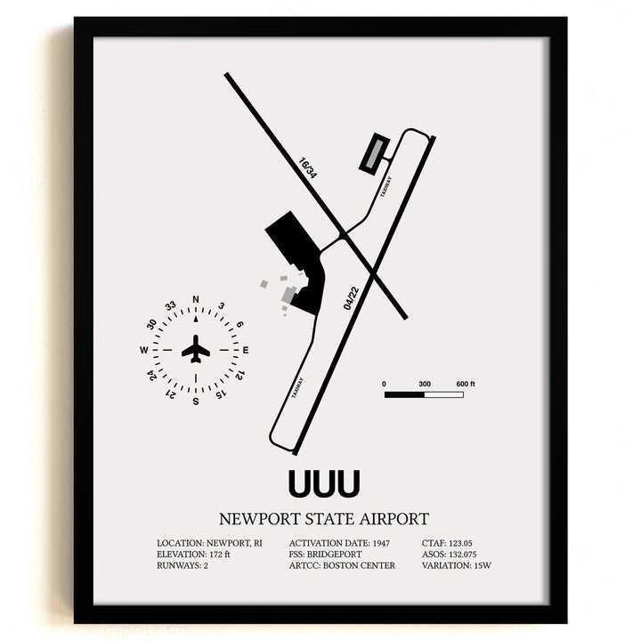 Framed Detailed Airport Map of Newport State Airport (UUU) in White with a Black Frame