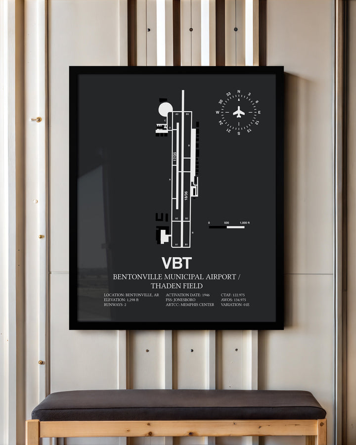 Framed Detailed Airport Map of Bentonville Municipal Airport/Louise M Thaden Field (VBT) in Gray with a Black Frame
