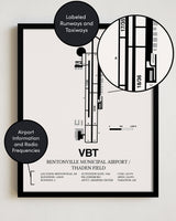 Framed Detailed Airport Map of Bentonville Municipal Airport/Louise M Thaden Field (VBT) in White with a Black Frame