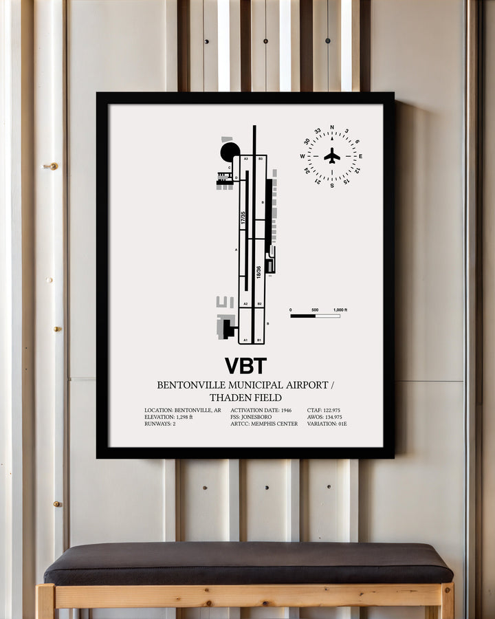 Framed Detailed Airport Map of Bentonville Municipal Airport/Louise M Thaden Field (VBT) in White with a Black Frame