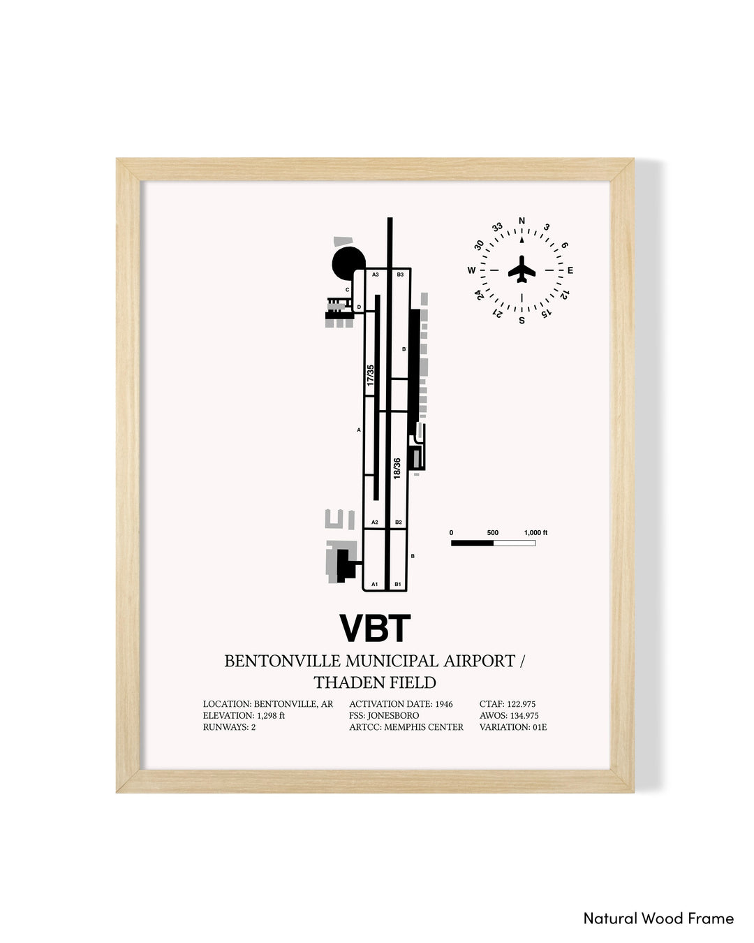 Detailed Airport Map of Bentonville Municipal Airport/Louise M Thaden Field (VBT) in White with a Natural Frame