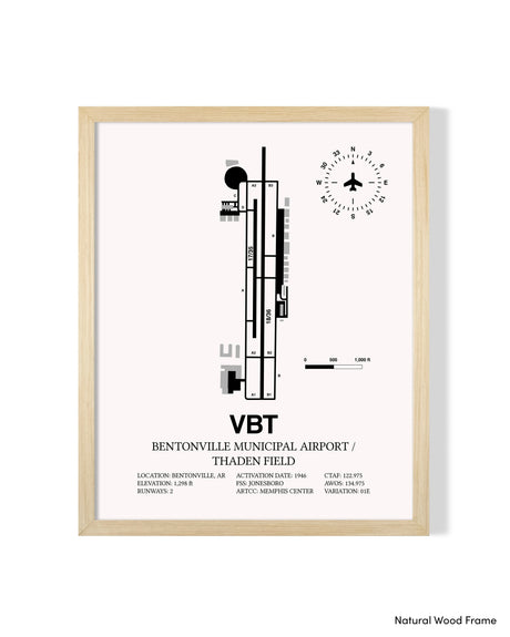 Detailed Airport Map of Bentonville Municipal Airport/Louise M Thaden Field (VBT) in White with a Natural Frame