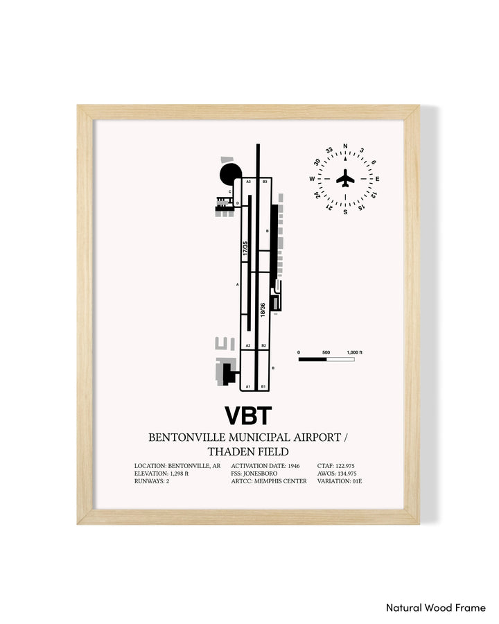 Detailed Airport Map of Bentonville Municipal Airport/Louise M Thaden Field (VBT) in White with a Natural Frame
