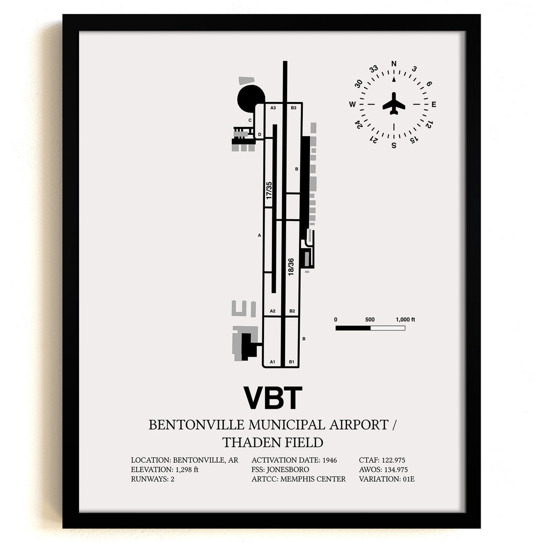 Framed Detailed Airport Map of Bentonville Municipal Airport/Louise M Thaden Field (VBT) in White with a Black Frame