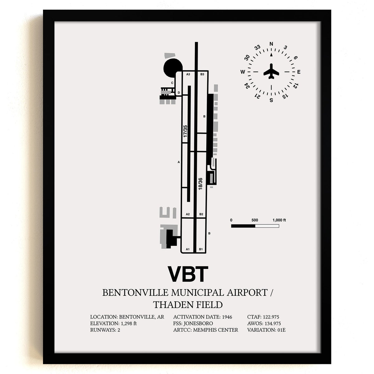 Framed Detailed Airport Map of Bentonville Municipal Airport/Louise M Thaden Field (VBT) in White with a Black Frame