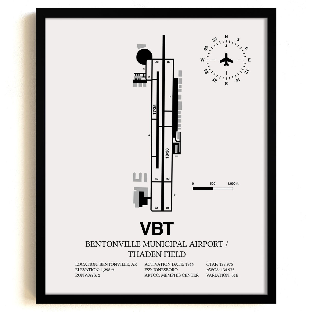 Framed Detailed Airport Map of Bentonville Municipal Airport/Louise M Thaden Field (VBT) in White with a Black Frame