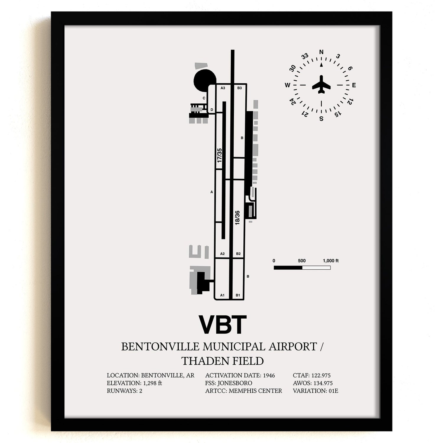 Framed Detailed Airport Map of Bentonville Municipal Airport/Louise M Thaden Field (VBT) in White with a Black Frame