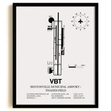 Framed Detailed Airport Map of Bentonville Municipal Airport/Louise M Thaden Field (VBT) in White with a Black Frame