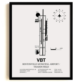 Framed Detailed Airport Map of Bentonville Municipal Airport/Louise M Thaden Field (VBT) in White with a Black Frame