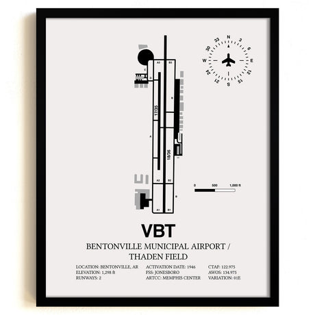 Framed Detailed Airport Map of Bentonville Municipal Airport/Louise M Thaden Field (VBT) in White with a Black Frame