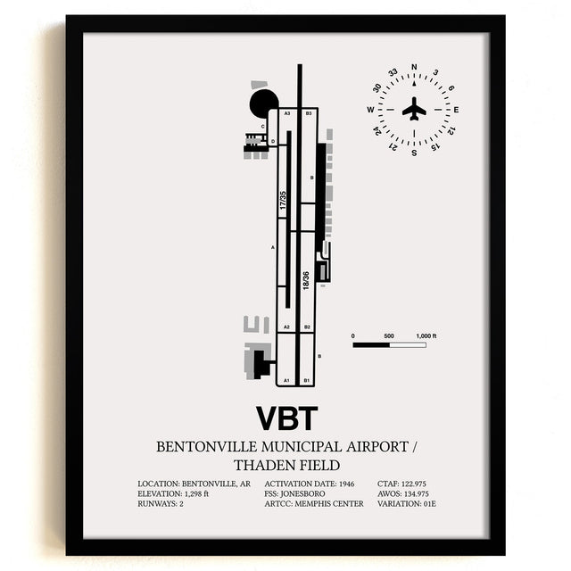 Framed Detailed Airport Map of Bentonville Municipal Airport/Louise M Thaden Field (VBT) in White with a Black Frame