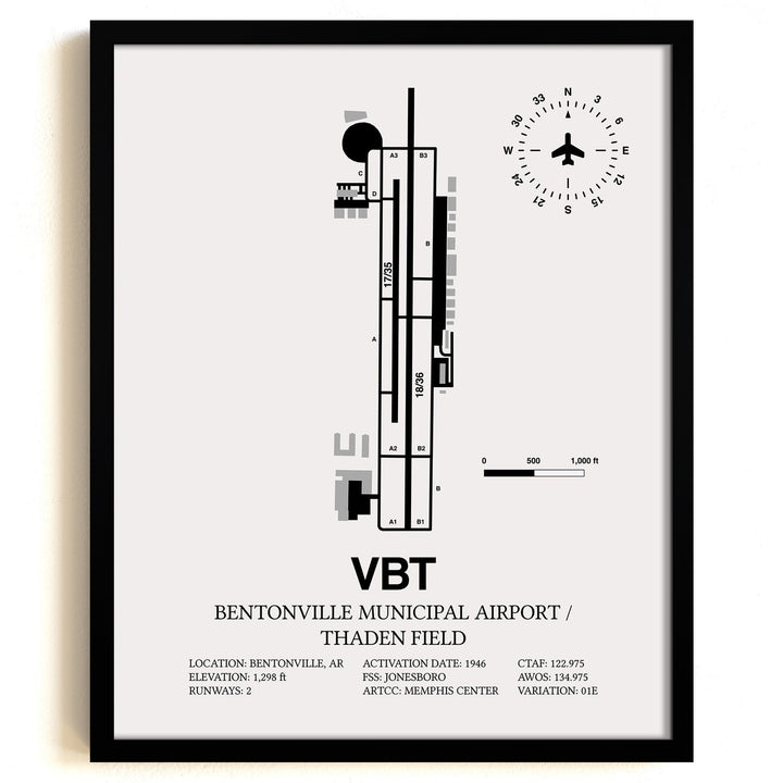 Framed Detailed Airport Map of Bentonville Municipal Airport/Louise M Thaden Field (VBT) in White with a Black Frame