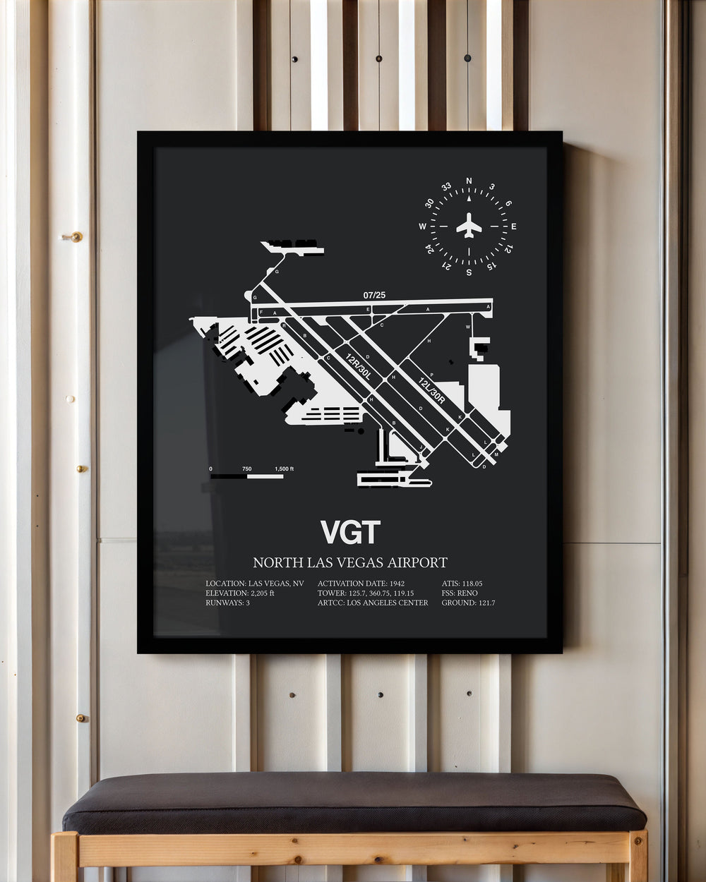 Framed Detailed Airport Map of North Las Vegas Airport (VGT) in Gray with a Black Frame
