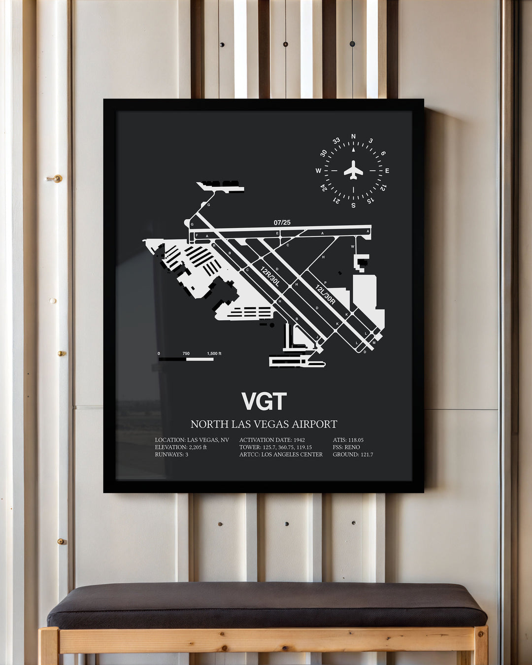 Framed Detailed Airport Map of North Las Vegas Airport (VGT) in Gray with a Black Frame