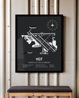 Framed Detailed Airport Map of North Las Vegas Airport (VGT) in Gray with a Black Frame