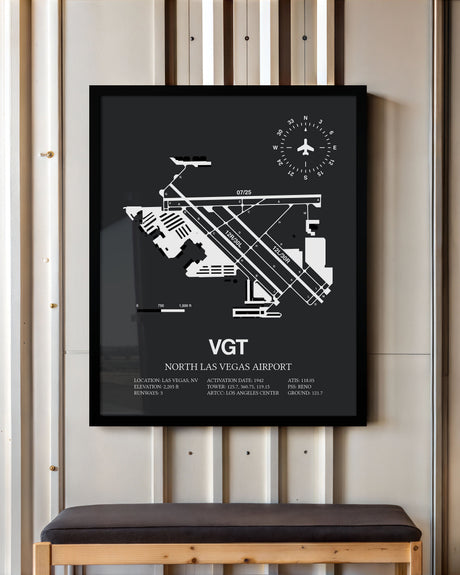 Framed Detailed Airport Map of North Las Vegas Airport (VGT) in Gray with a Black Frame