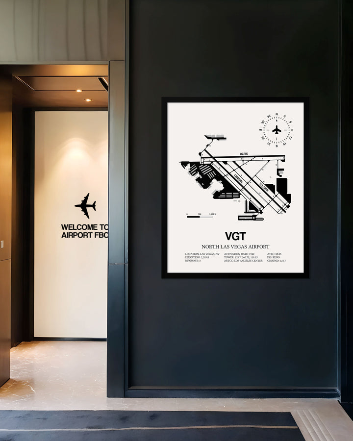 Framed Detailed Airport Map of North Las Vegas Airport (VGT) in White with a Black Frame