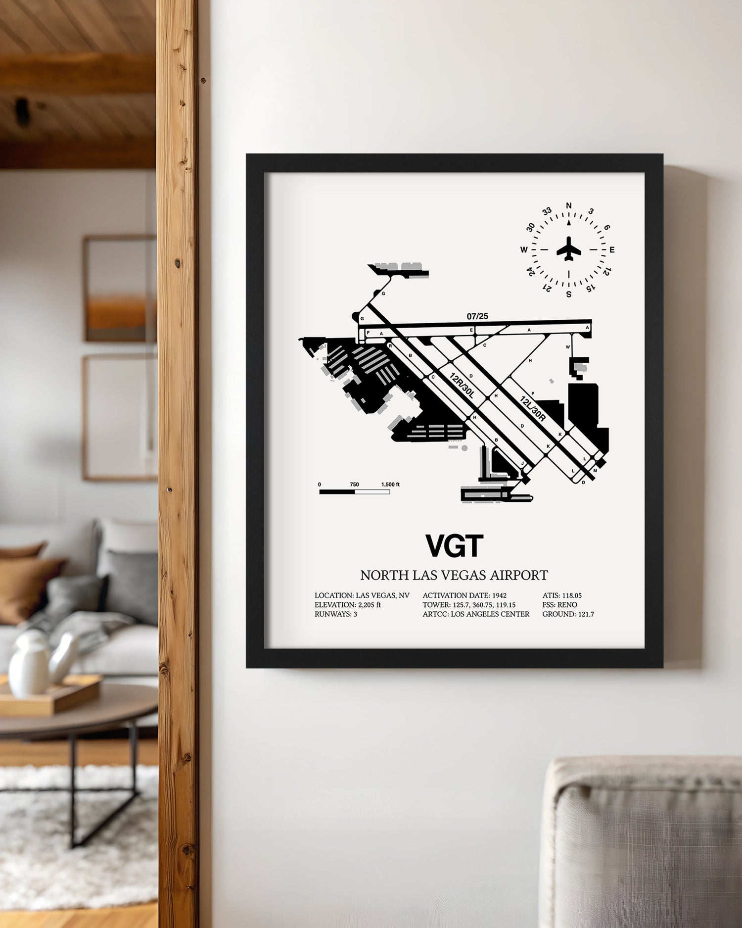 Framed Detailed Airport Map of North Las Vegas Airport (VGT) in White with a Black Frame