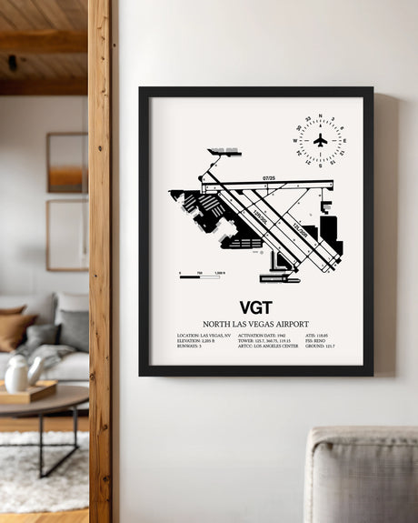 Framed Detailed Airport Map of North Las Vegas Airport (VGT) in White with a Black Frame
