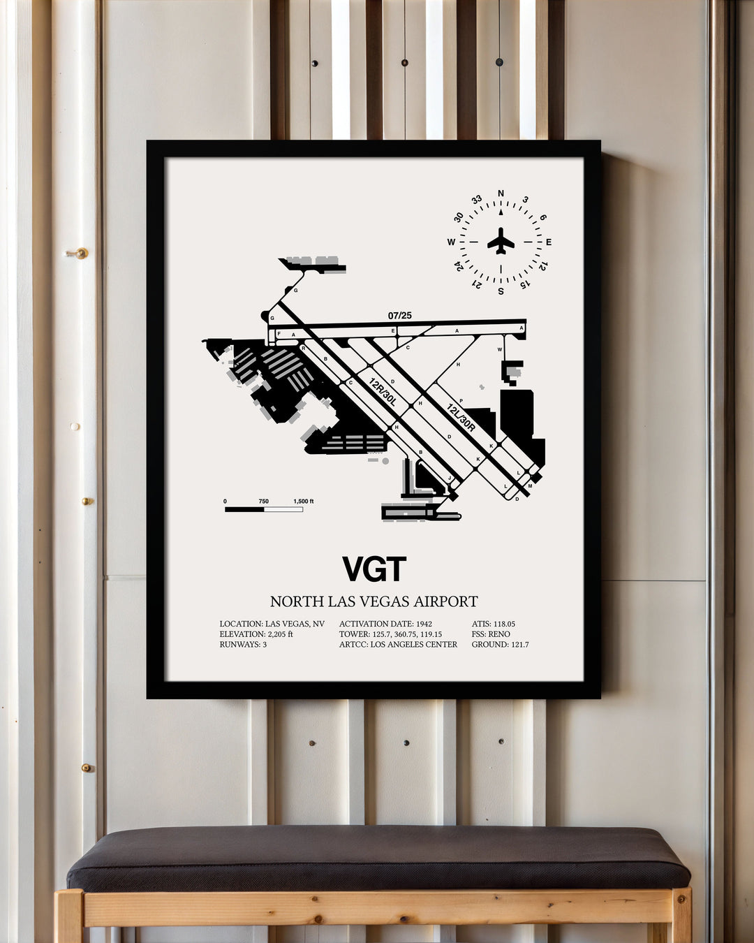 Framed Detailed Airport Map of North Las Vegas Airport (VGT) in White with a Black Frame