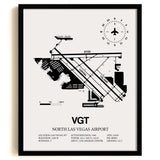 Framed Detailed Airport Map of North Las Vegas Airport (VGT) in White with a Black Frame