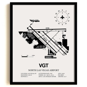Framed Detailed Airport Map of North Las Vegas Airport (VGT) in White with a Black Frame