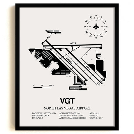 Framed Detailed Airport Map of North Las Vegas Airport (VGT) in White with a Black Frame