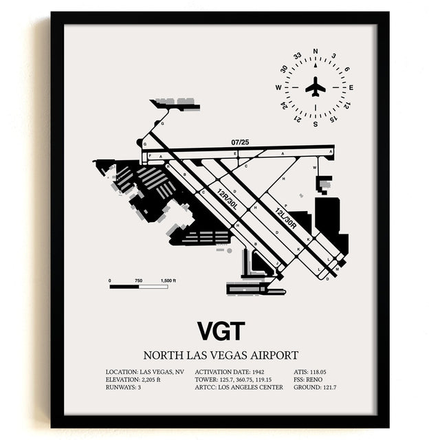 Framed Detailed Airport Map of North Las Vegas Airport (VGT) in White with a Black Frame