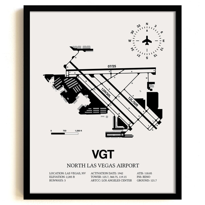 Framed Detailed Airport Map of North Las Vegas Airport (VGT) in White with a Black Frame