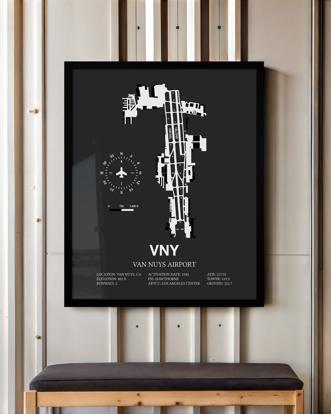 Framed Detailed Airport Map of Van Nuys Airport (VNY) in Gray with a Black Frame