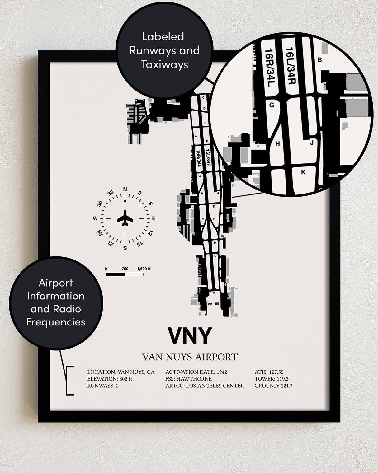 Framed Detailed Airport Map of Van Nuys Airport (VNY) in White with a Black Frame