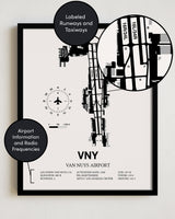 Framed Detailed Airport Map of Van Nuys Airport (VNY) in White with a Black Frame