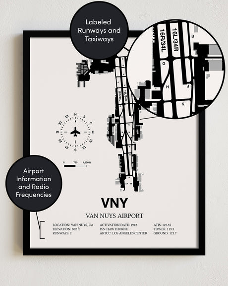 Framed Detailed Airport Map of Van Nuys Airport (VNY) in White with a Black Frame