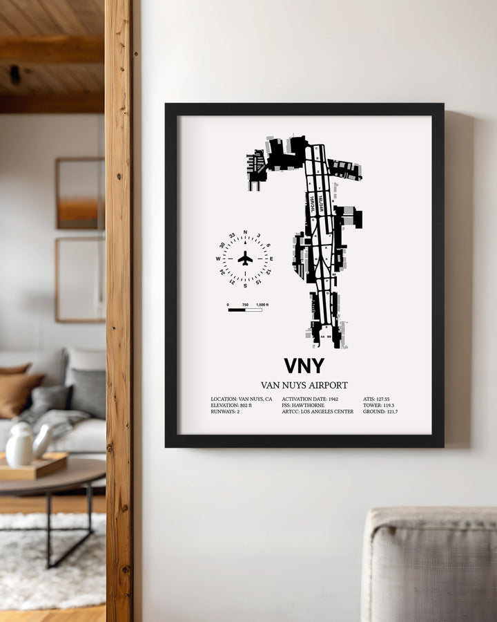 Framed Detailed Airport Map of Van Nuys Airport (VNY) in White with a Black Frame