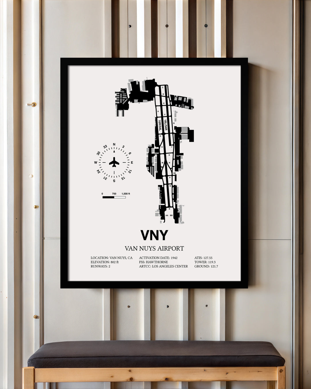 Framed Detailed Airport Map of Van Nuys Airport (VNY) in White with a Black Frame