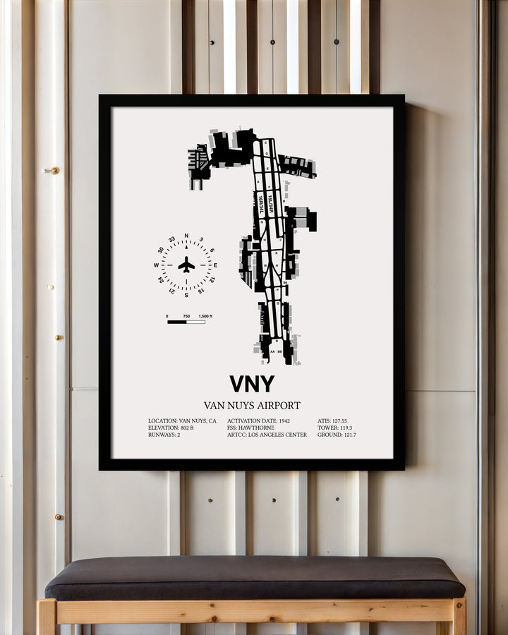 Framed Detailed Airport Map of Van Nuys Airport (VNY) in White with a Black Frame