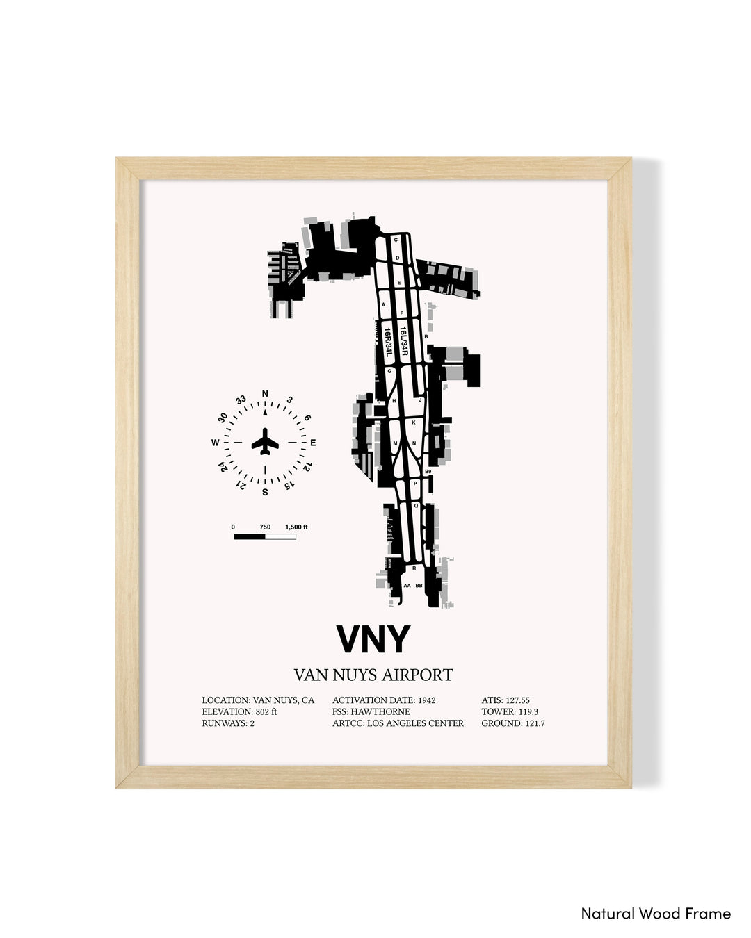 Detailed Airport Map of Van Nuys Airport (VNY) in White with a Natural Frame