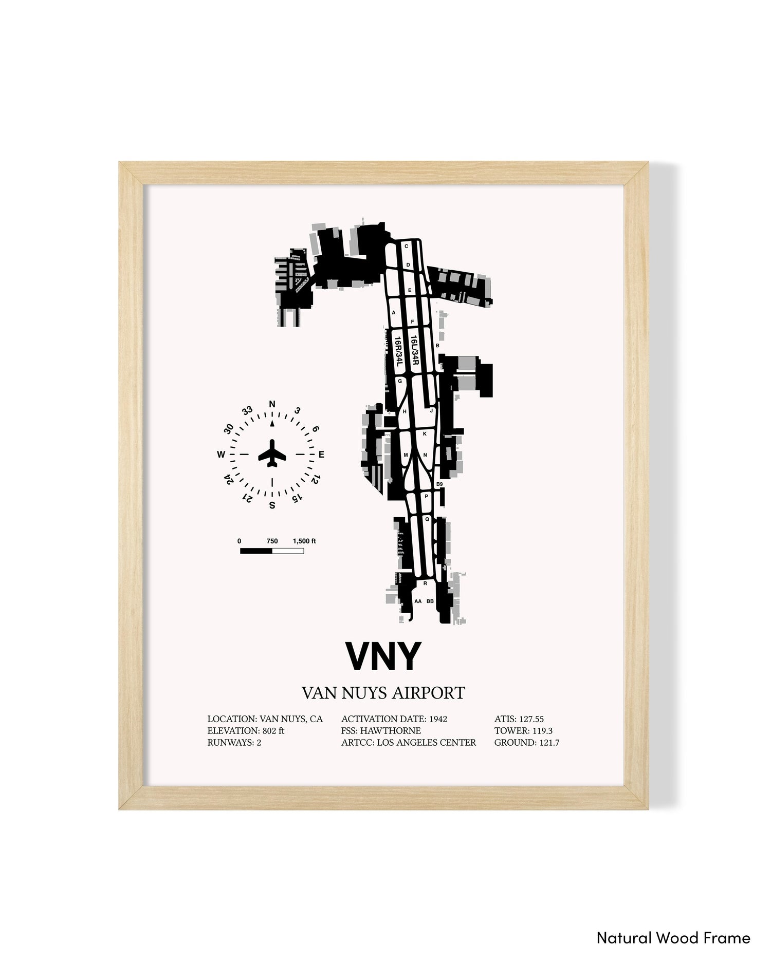 Detailed Airport Map of Van Nuys Airport (VNY) in White with a Natural Frame
