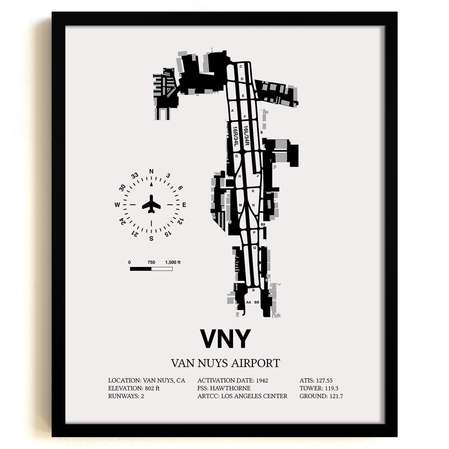 Framed Detailed Airport Map of Van Nuys Airport (VNY) in White with a Black Frame