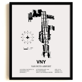 Framed Detailed Airport Map of Van Nuys Airport (VNY) in White with a Black Frame