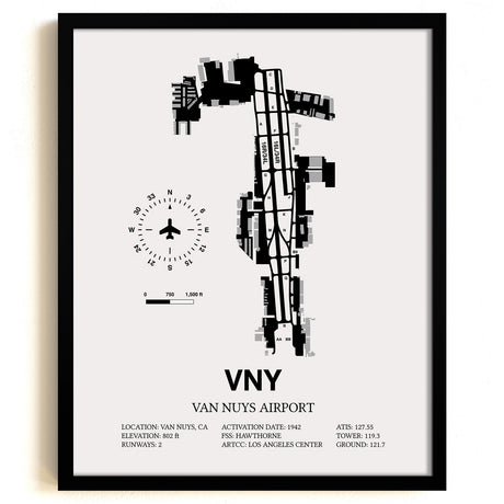 Framed Detailed Airport Map of Van Nuys Airport (VNY) in White with a Black Frame