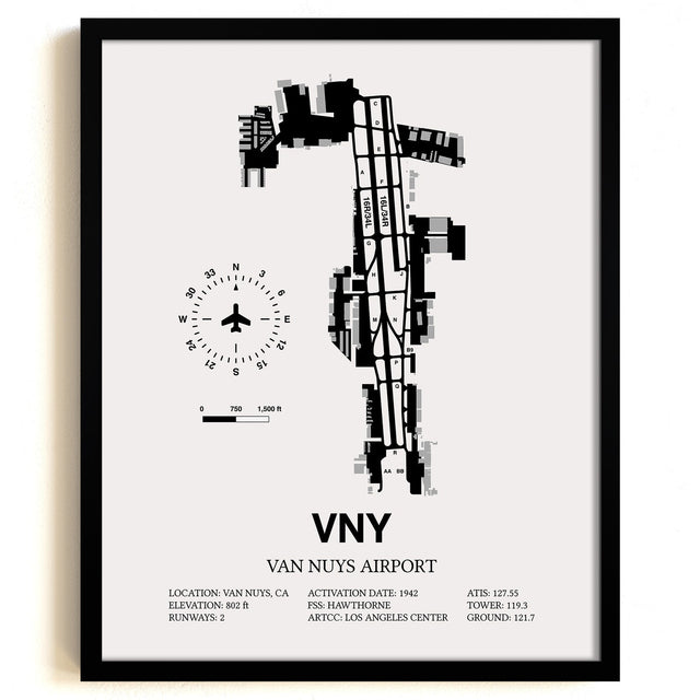 Framed Detailed Airport Map of Van Nuys Airport (VNY) in White with a Black Frame