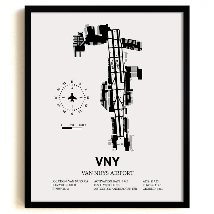 Framed Detailed Airport Map of Van Nuys Airport (VNY) in White with a Black Frame
