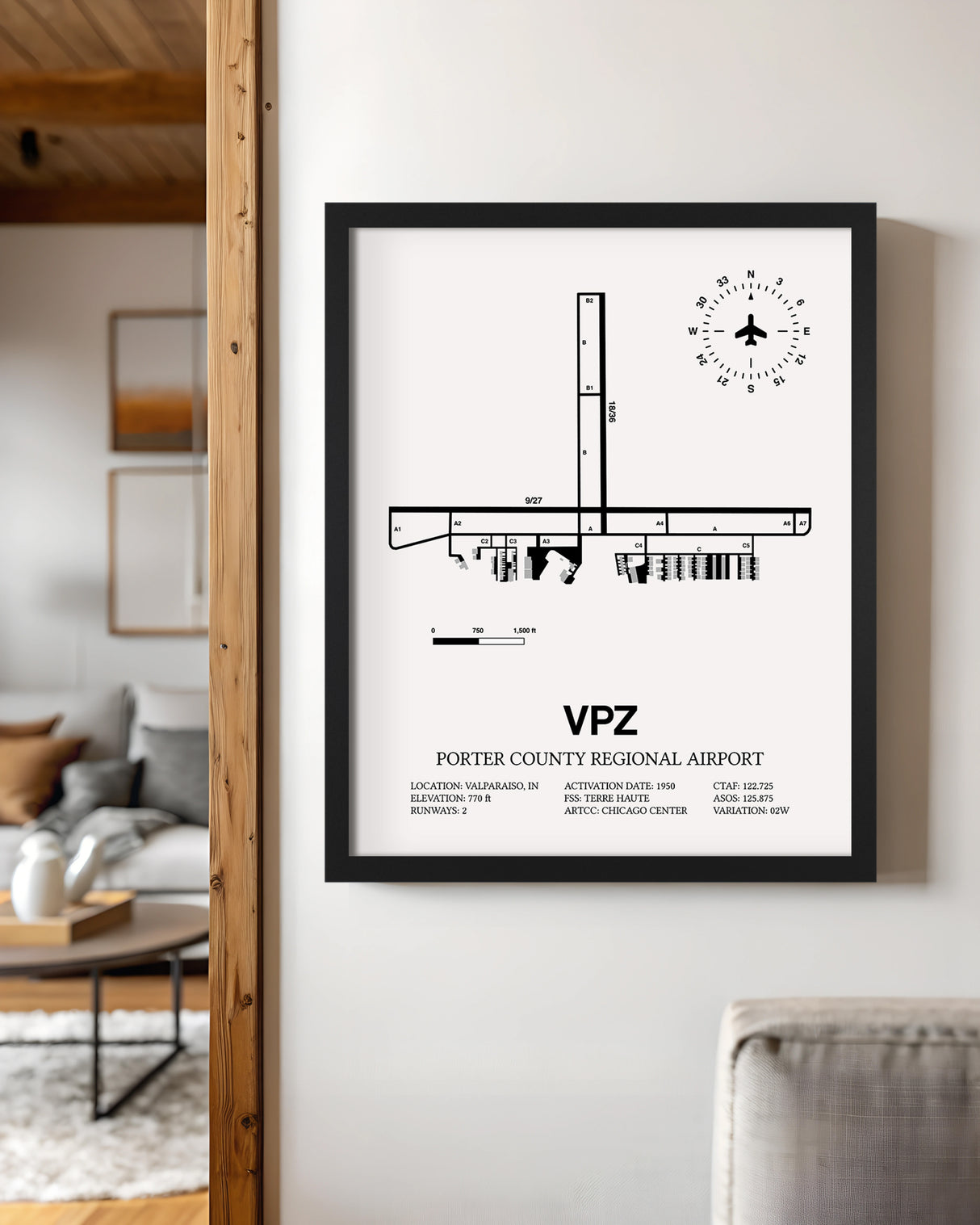 Framed Detailed Airport Map of Porter County Regional Airport (VPZ) in White with a Black Frame