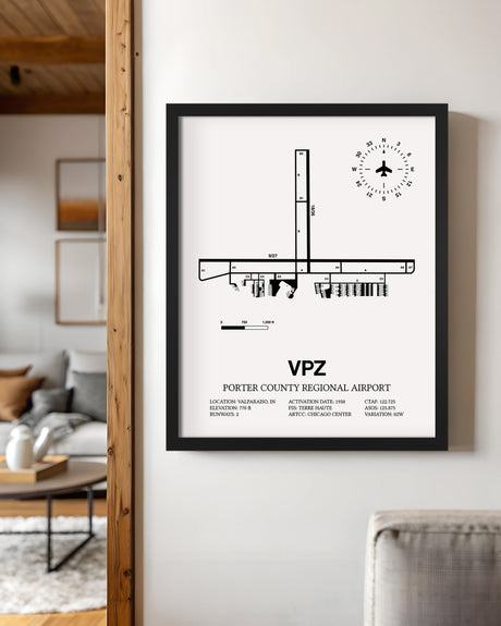 Framed Detailed Airport Map of Porter County Regional Airport (VPZ) in White with a Black Frame