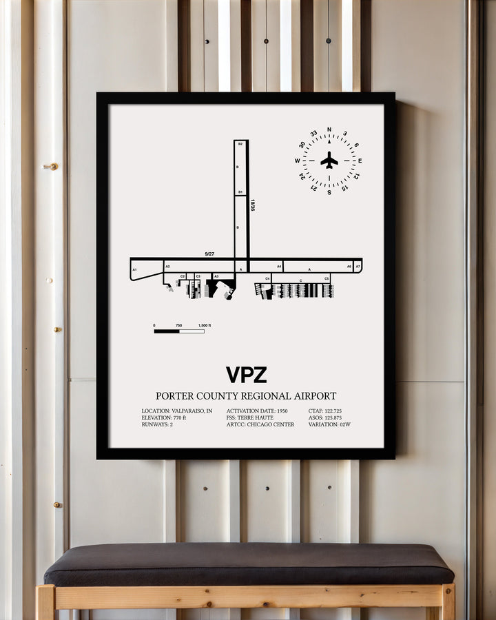 Framed Detailed Airport Map of Porter County Regional Airport (VPZ) in White with a Black Frame