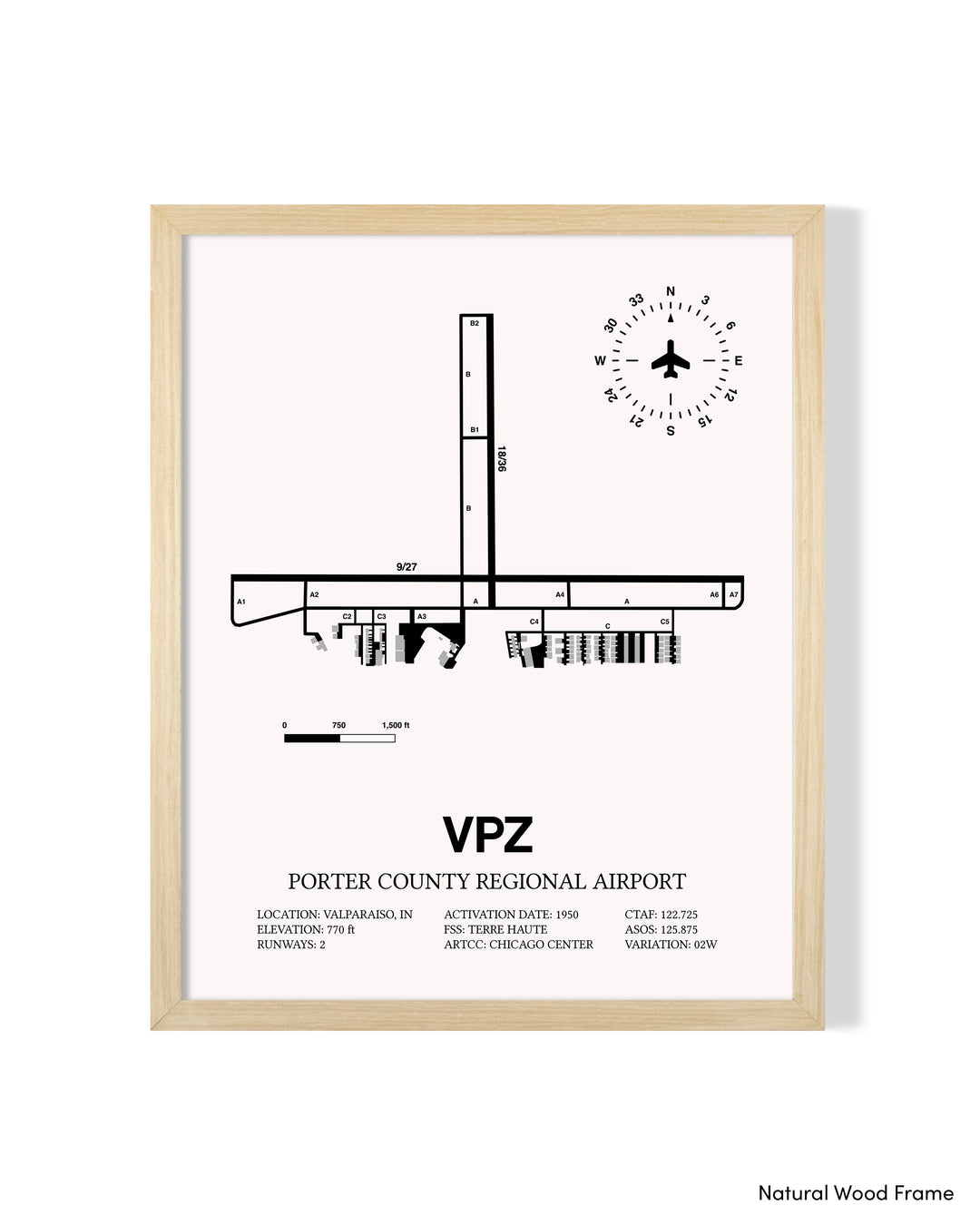 Detailed Airport Map of Porter County Regional Airport (VPZ) in White with a Natural Frame