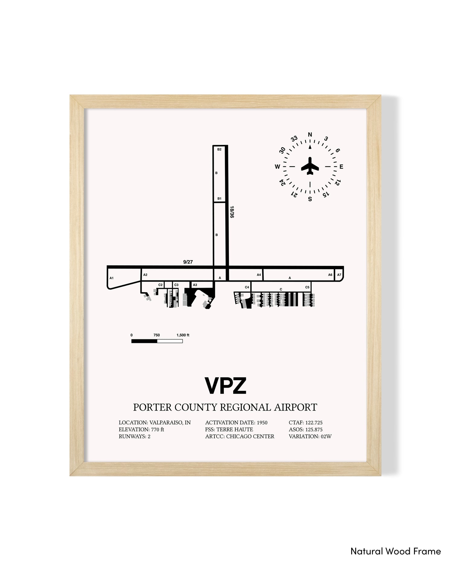 Detailed Airport Map of Porter County Regional Airport (VPZ) in White with a Natural Frame